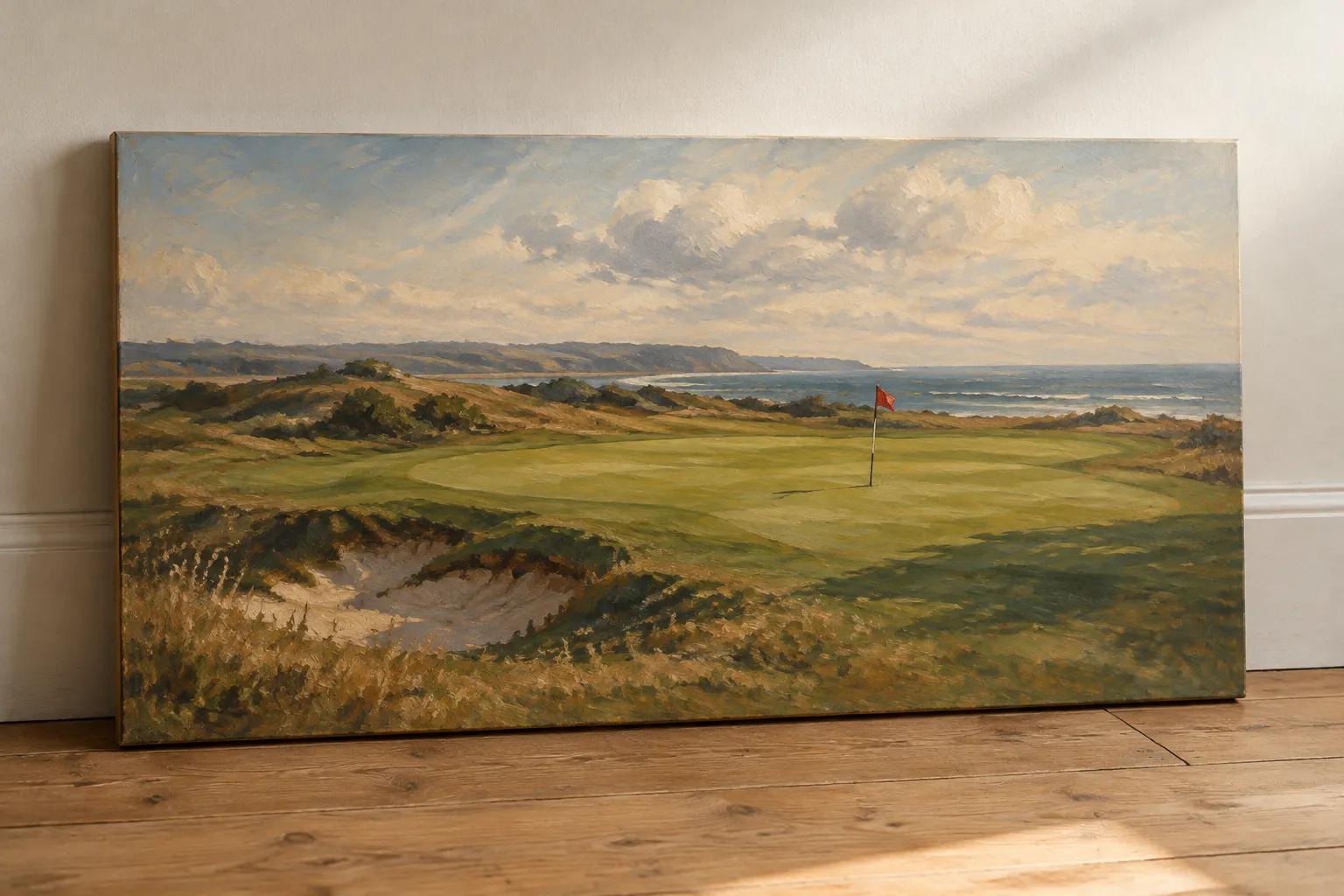A loose oil painting of a golf hole on canvas leaning against a wall.