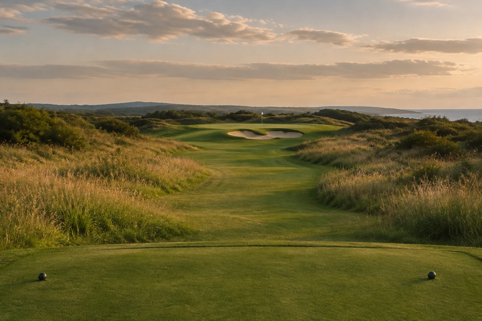 A fairway leading to a green guarded by a bunker, rough either side.