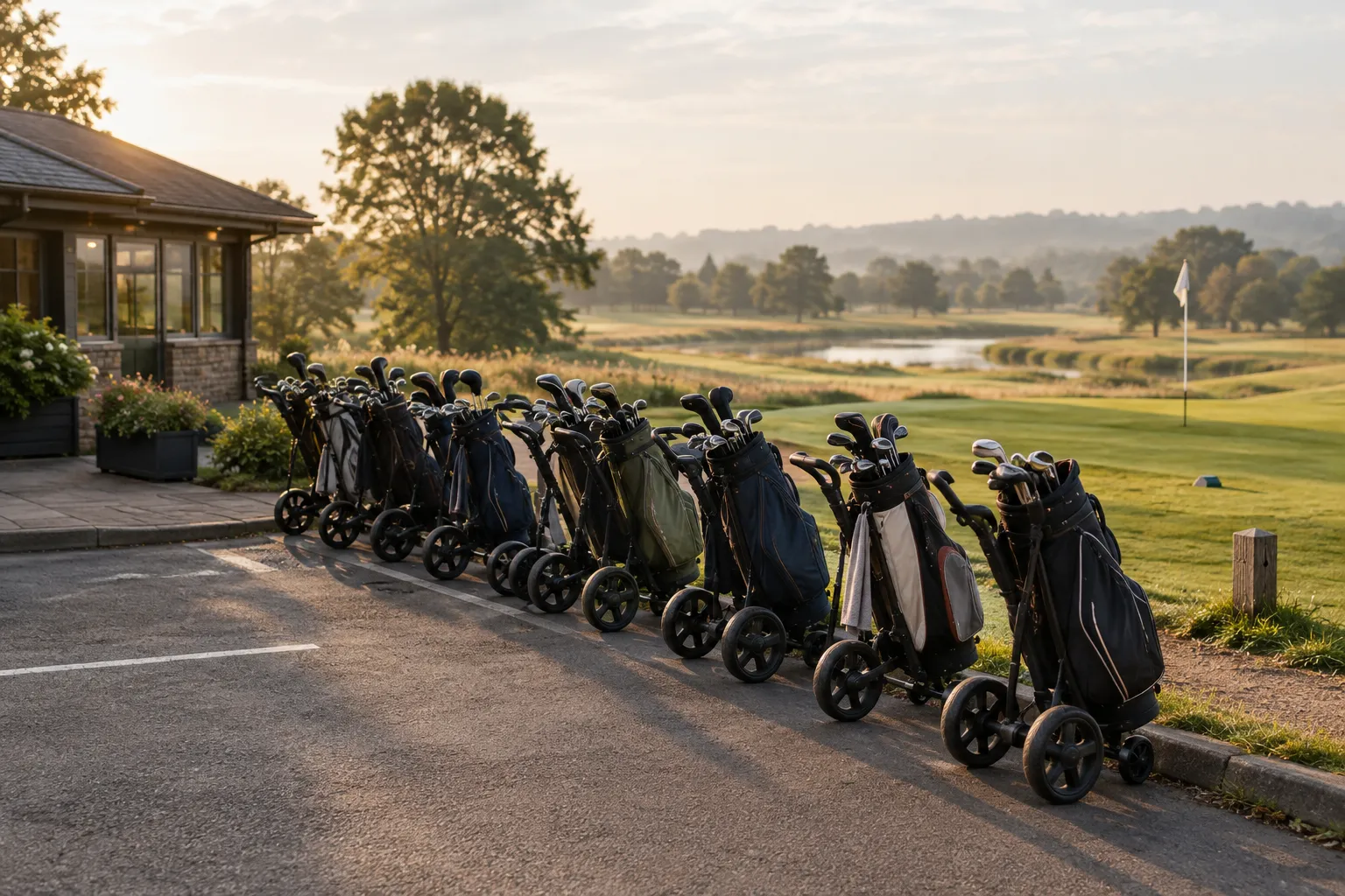 A line of golf trolleys with bags parked beside the clubhouse at sunrise, the course and a flag behind.