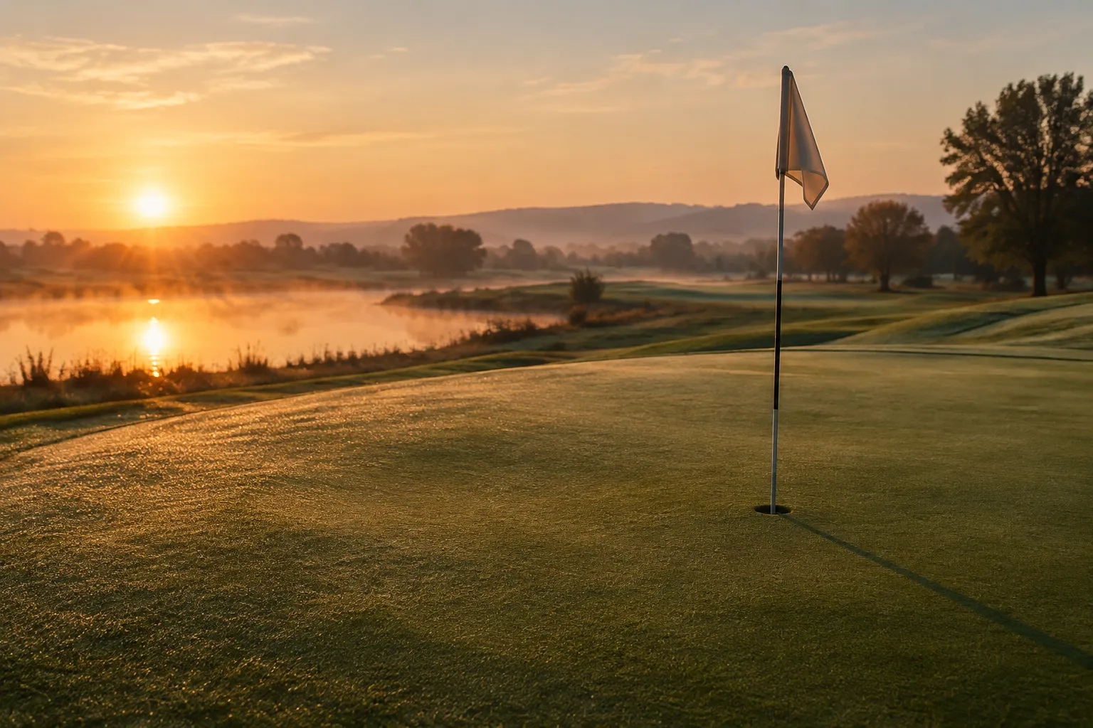 A golf green at dawn with dew on the grass and the flagstick in the hole.