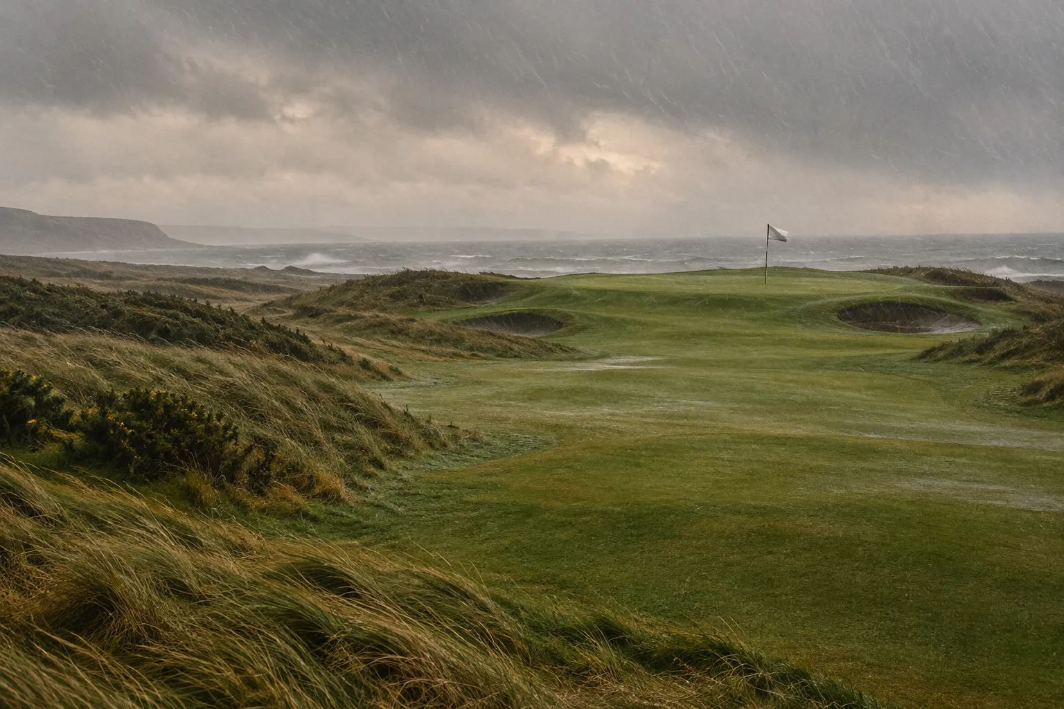 A windswept links fairway in driving rain, a flag streaming in the distance.
