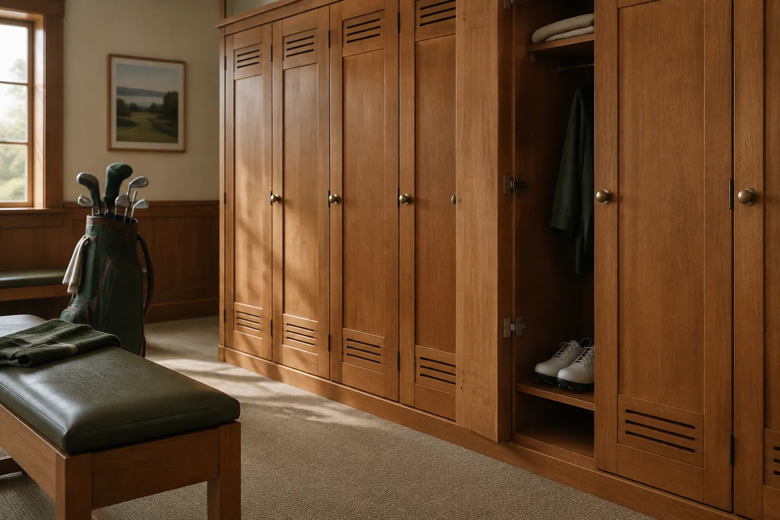A row of wooden lockers in a golf club changing room, one open with a jacket and white golf shoes inside, a golf bag beside the bench.