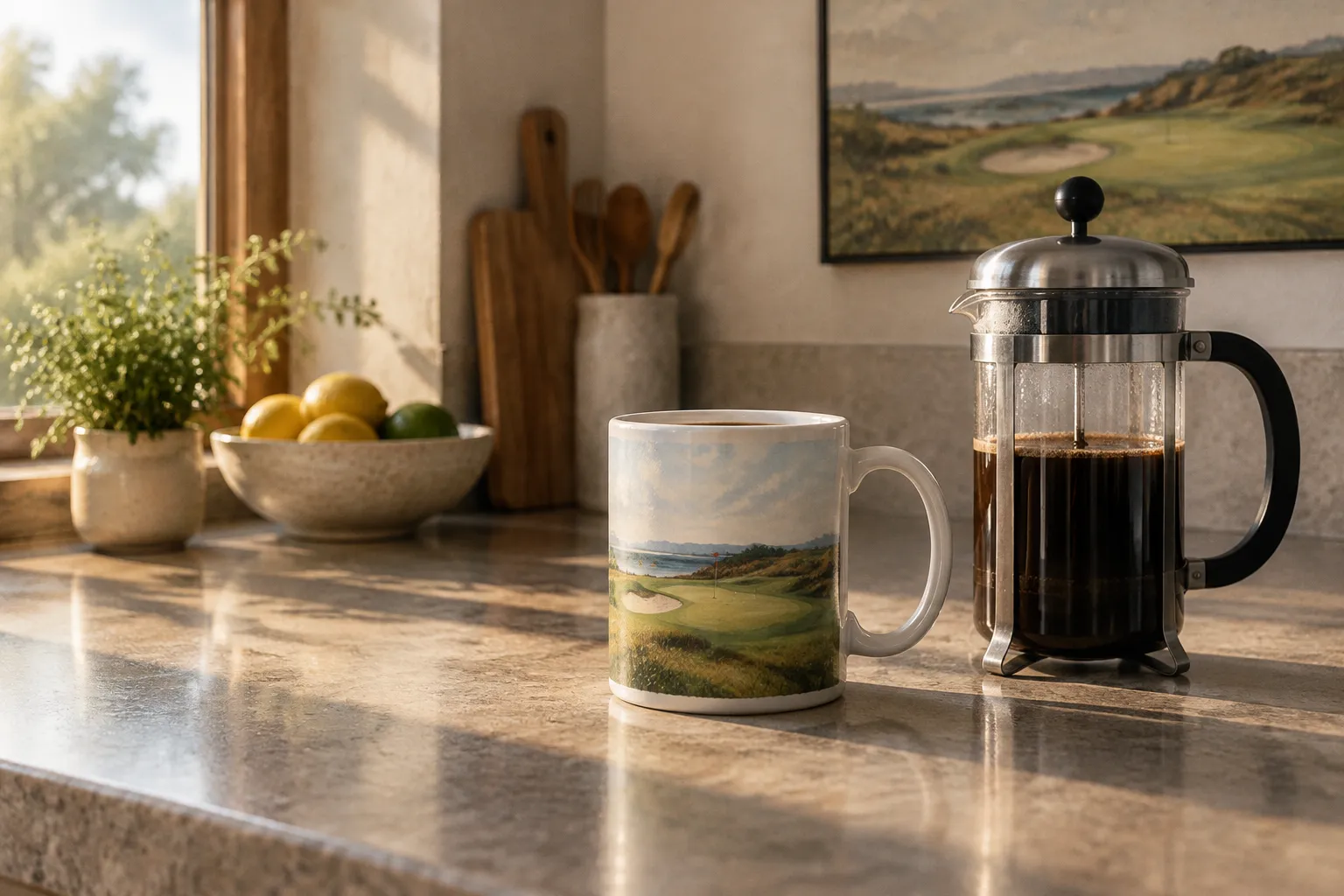 A mug printed with a links hole and a bunker on a kitchen worktop beside a cafetiere in morning sun.