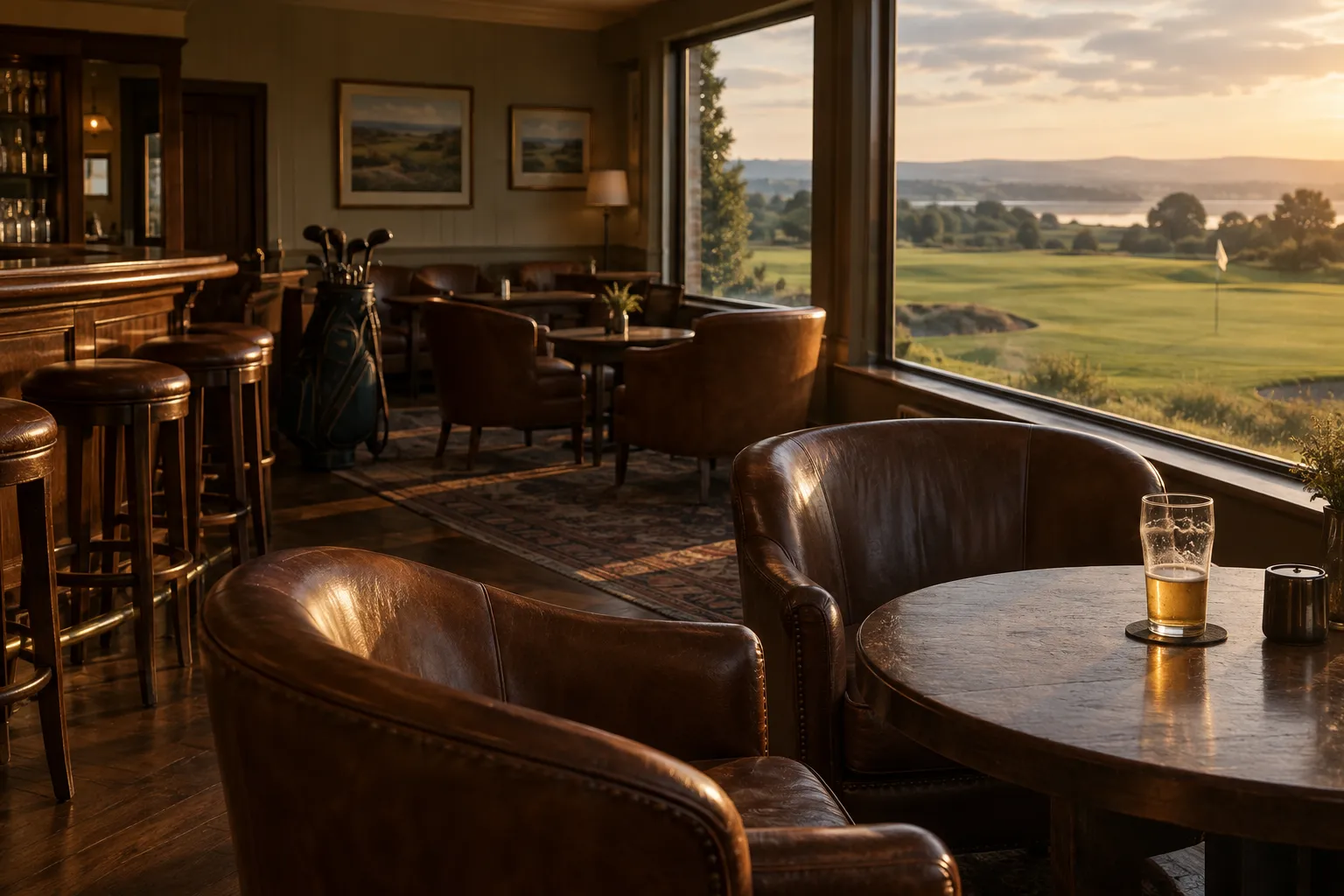 An empty clubhouse bar in late light, a half-finished pint by the window.