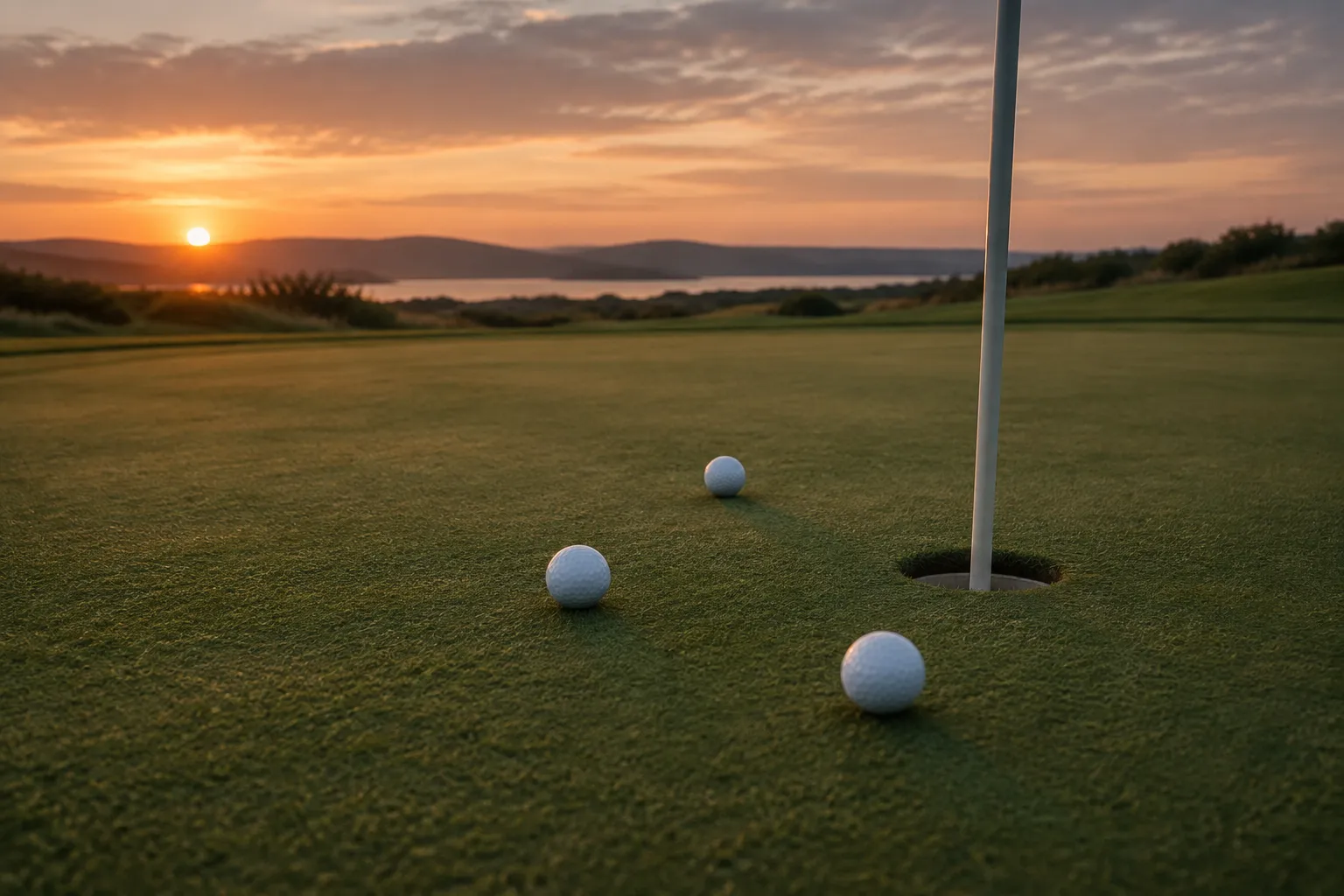 A practice green at dusk with three golf balls near a hole.