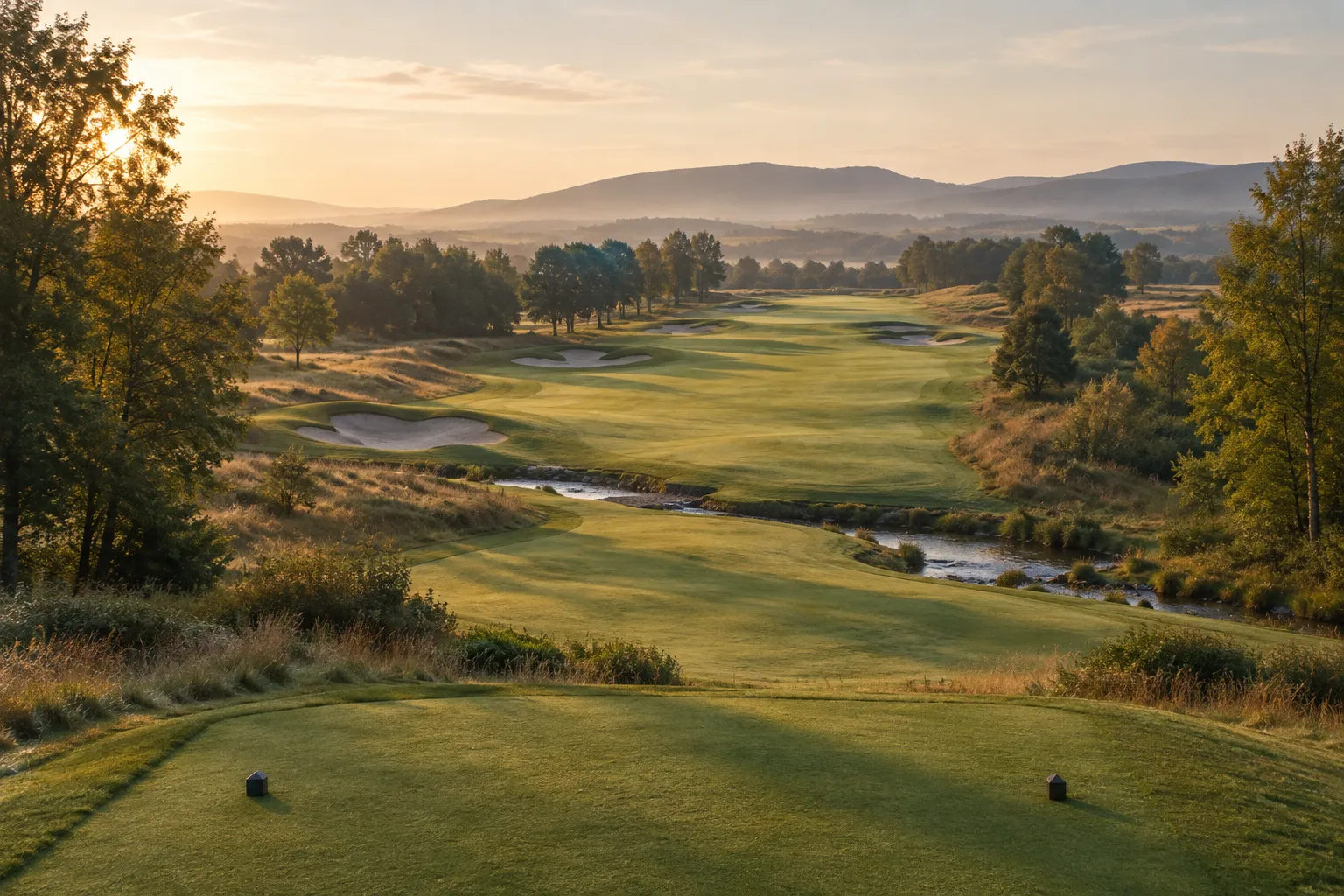The view from an elevated tee down a long par four with bunkers and a stream.