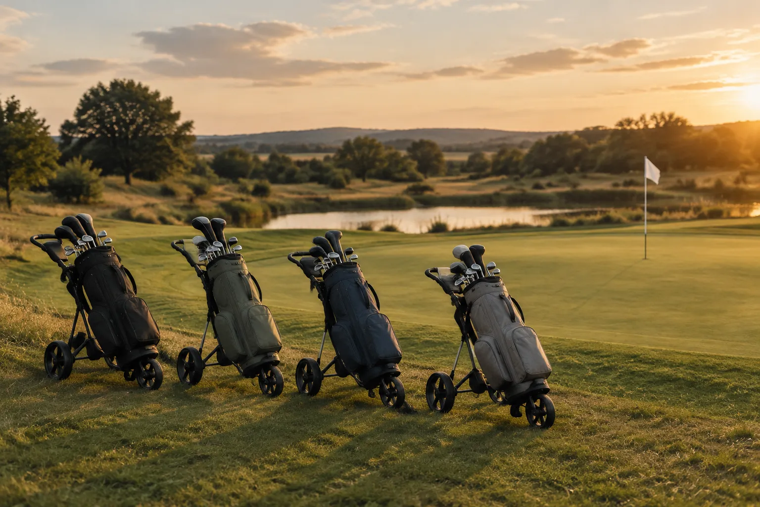 Four golf trolleys with plain bags parked beside a green in late afternoon.
