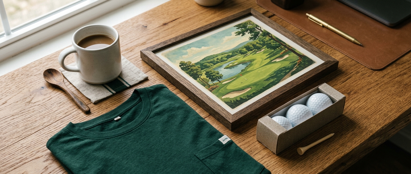 Golf gifts on a desk: a framed golf course print, a mug, a green tee and golf balls