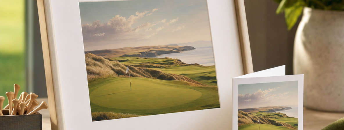 A framed golf course print with a retirement card and golf tees on a table