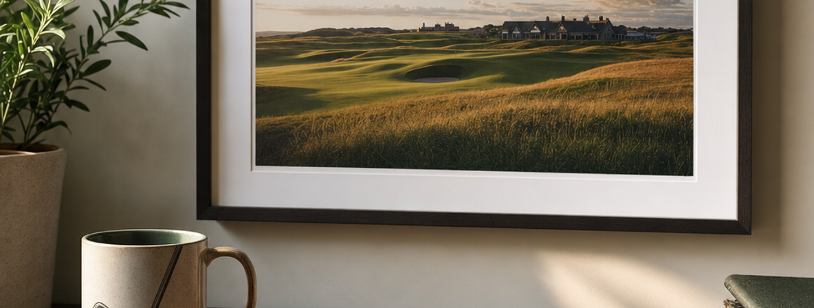 A framed golf course print on a wall above a desk with a golf mug and tees