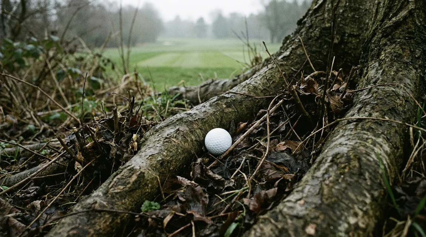A golf ball wedged against an exposed tree root in wet leaves and dead twigs, the mown fairway out of reach beyond