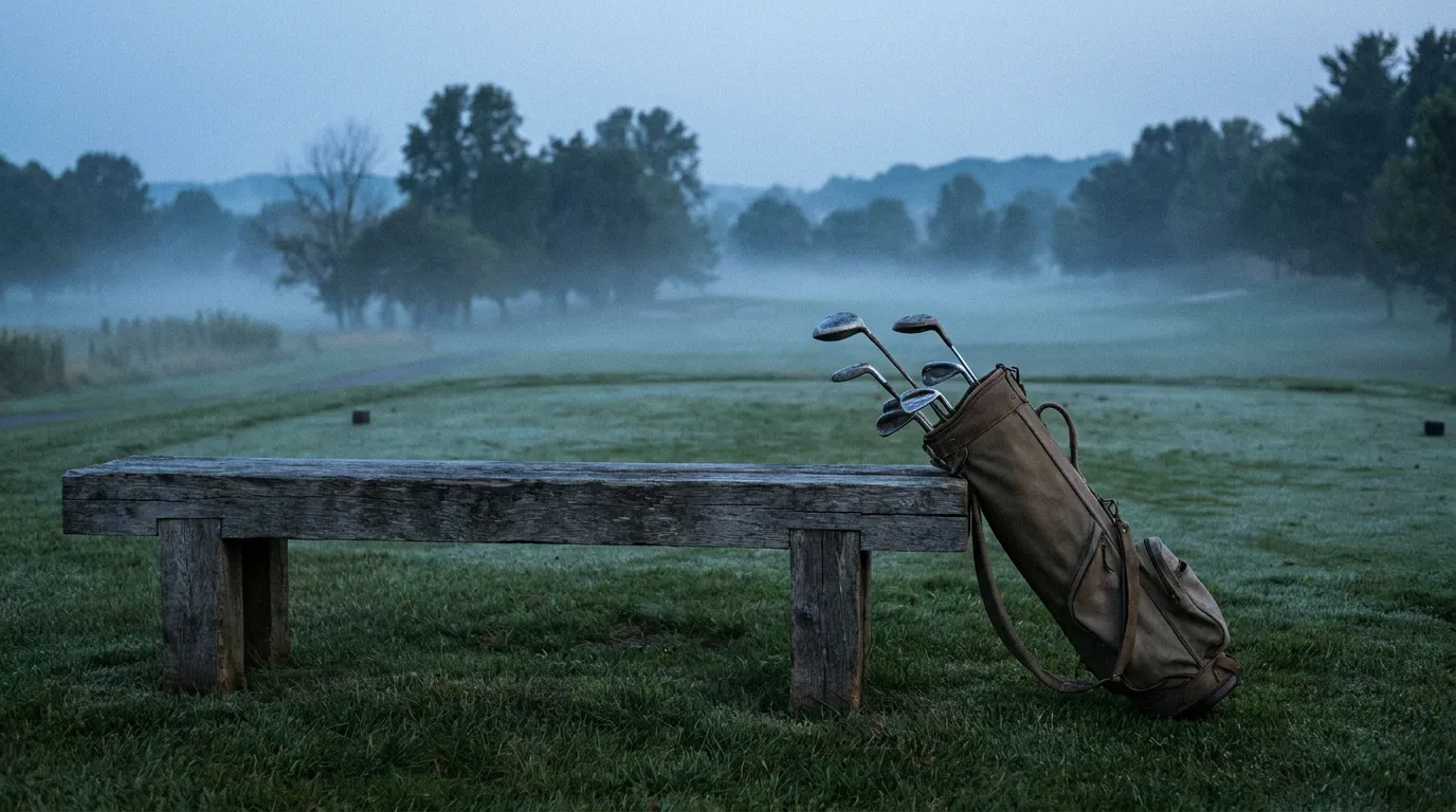 A canvas golf bag leaning against a weathered timber bench beside a misty fairway at dawn