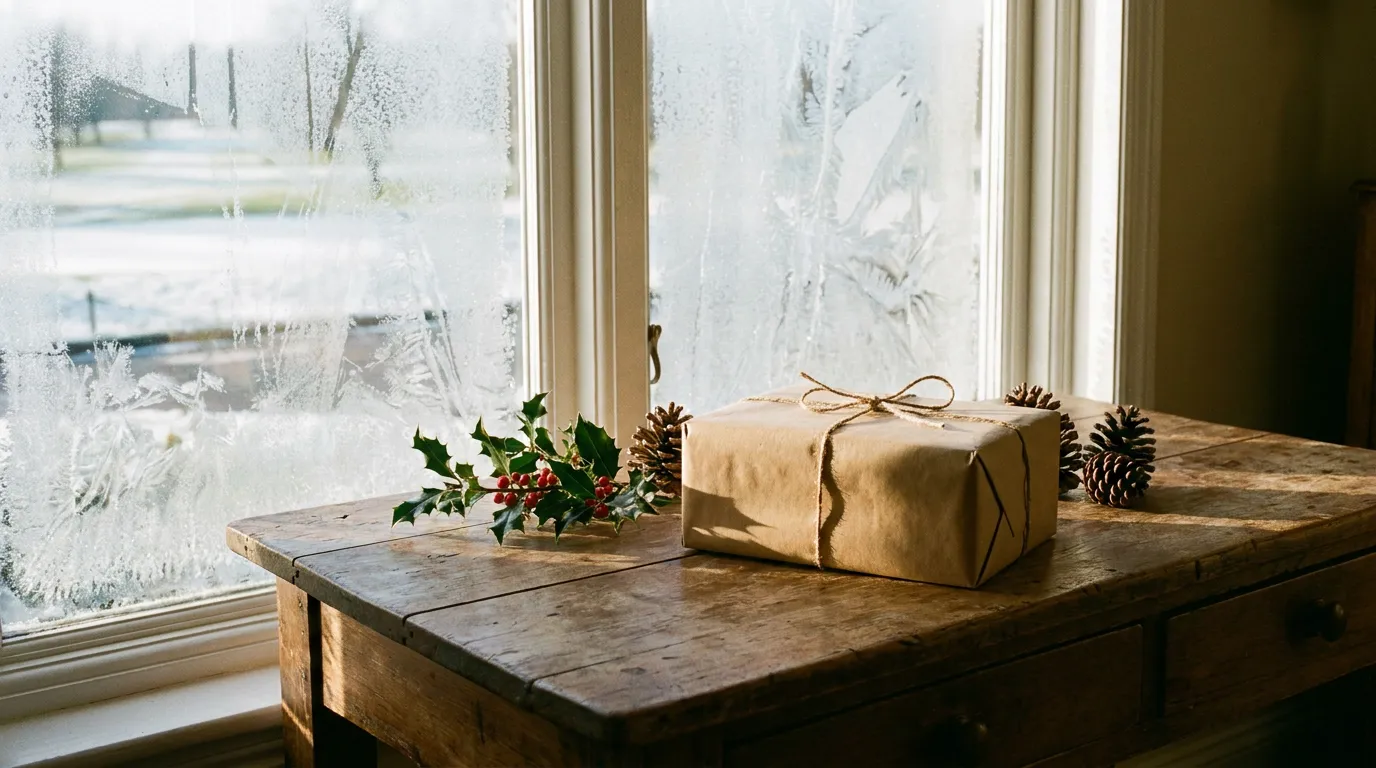 A brown-paper parcel tied with string on a hall table beside holly and pine cones, hard frost on the window behind it