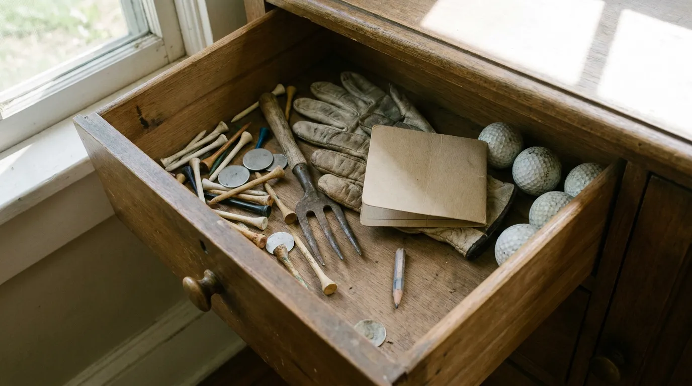 An open wooden drawer filled with old golf tees, ball markers, a pitchfork, two creased gloves, a pencil and loose balls