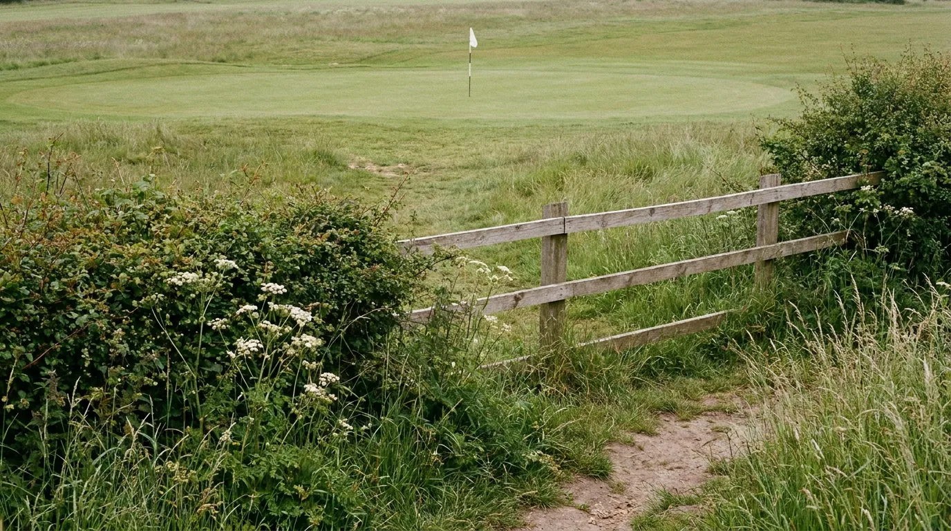 A golf green with a white flag seen from a public footpath, over a post-and-rail fence and a hedge of cow parsley