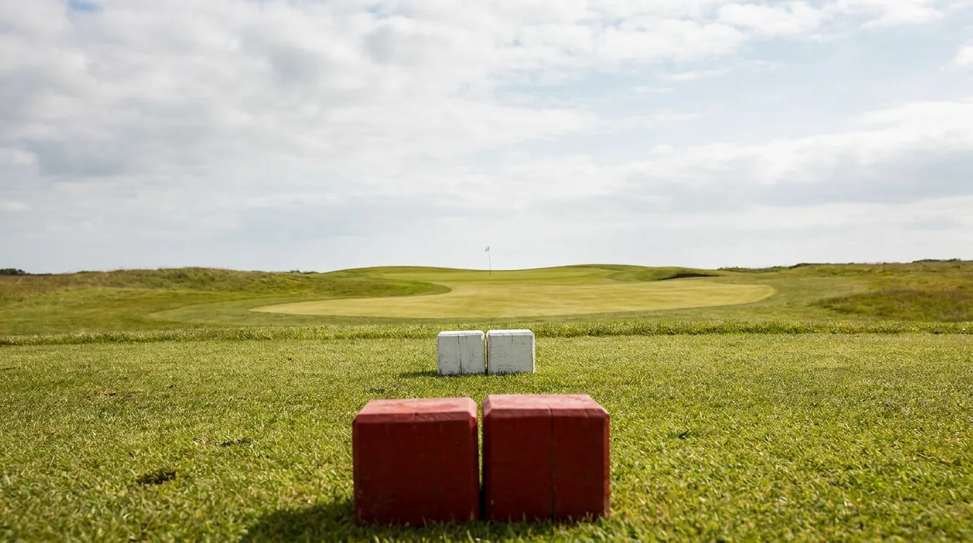 Two sets of plain tee markers on the same tee ground, red in front and white behind, the identical fairway running away to one distant flag