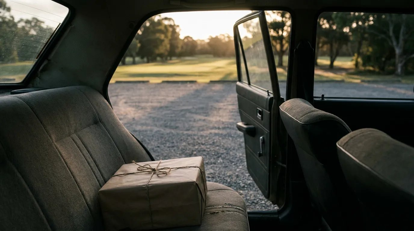 A brown-paper parcel tied with string alone on a car's back seat, the rear door open onto an empty gravel car park and a sunlit course