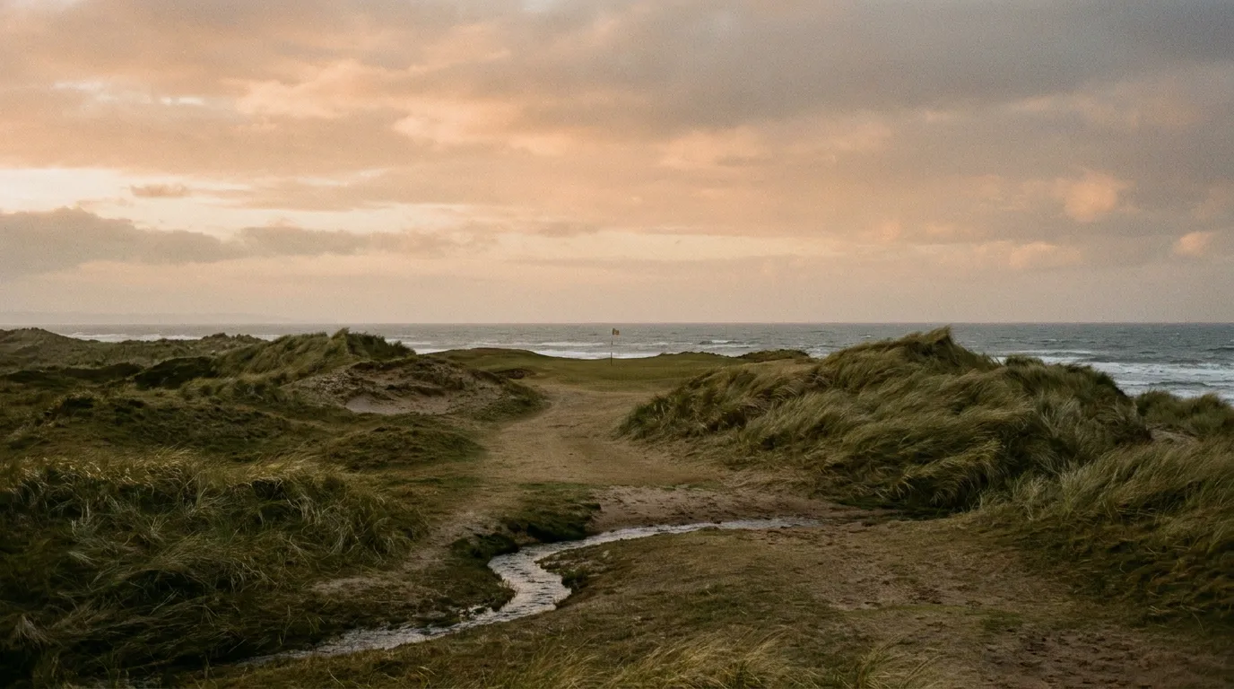 A links hole at dusk, a burn winding between marram-covered dunes towards a distant flag, the sea and a peach sky behind