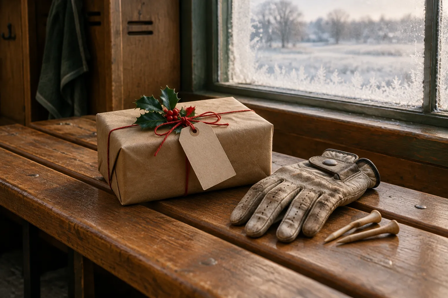 A small string-tied parcel with holly on a locker-room bench beside a golf glove and tees.
