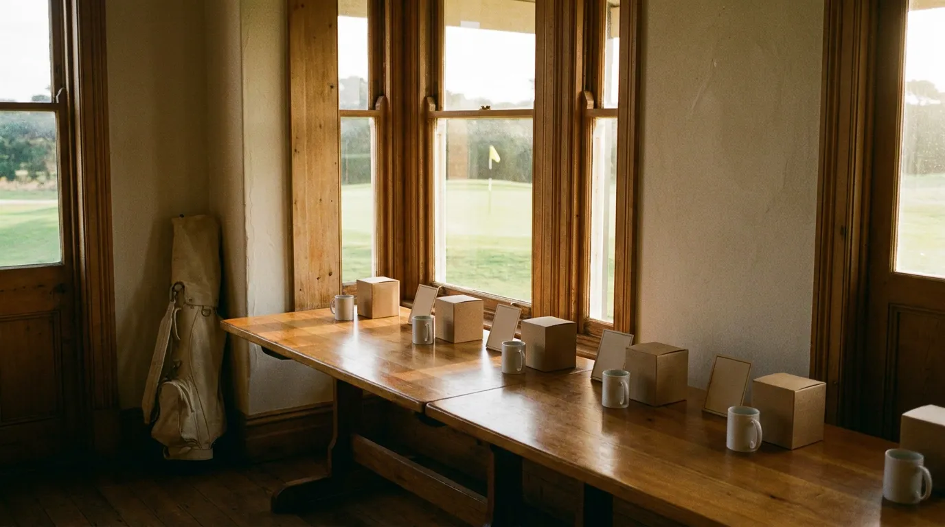 A clubhouse table laid out with plain mugs, kraft boxes and blank card stands beside tall windows looking out over a green with a flag, a canvas golf bag propped by the door