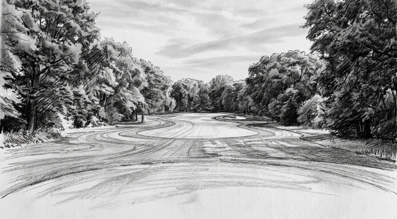 The same golf hole as a hand-drawn charcoal and pencil sketch