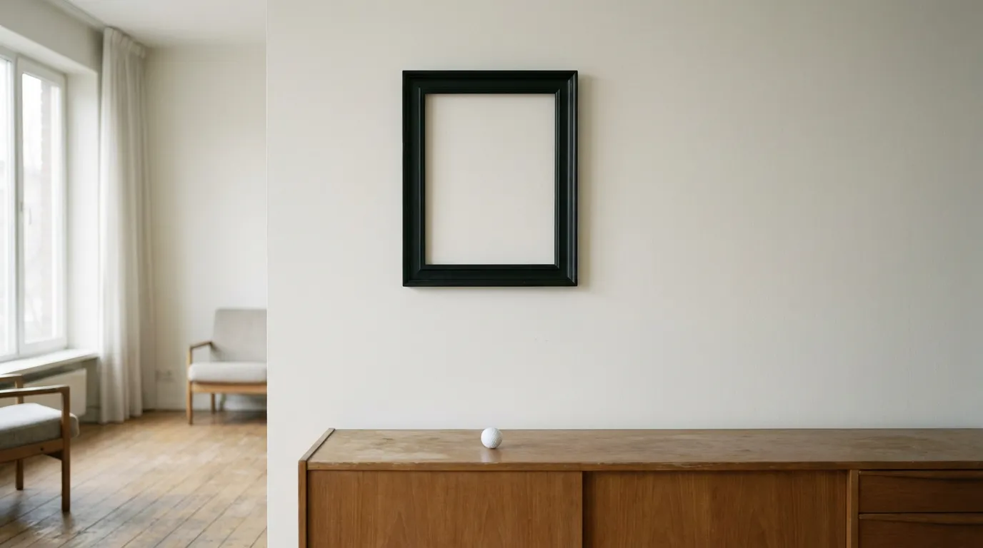 An empty black picture frame hanging alone on a pale living-room wall above a wooden sideboard with a single golf ball on it