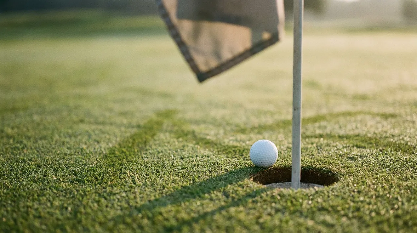 A golf ball at rest on the lip of the hole beside a plain flagstick, dew on the mown green in early morning light