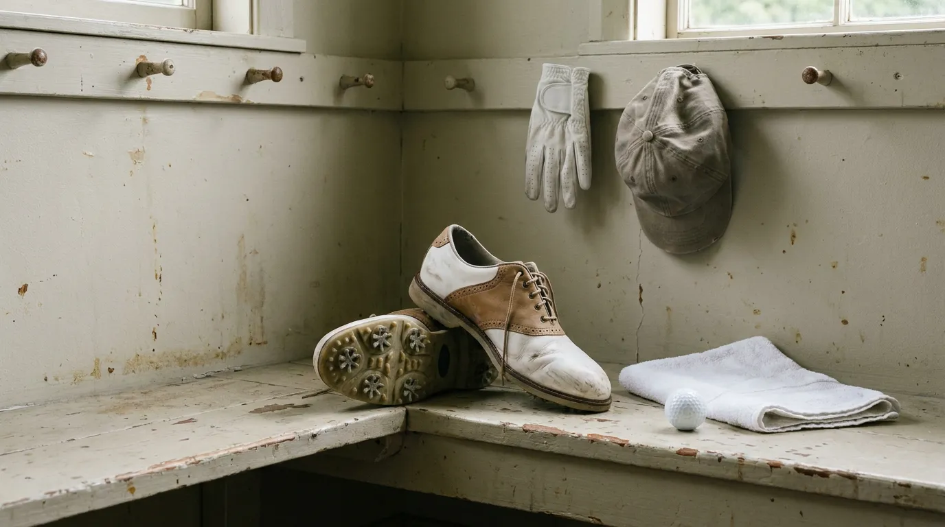 Illustration of worn golf shoes, a glove and a cap on a changing-room bench