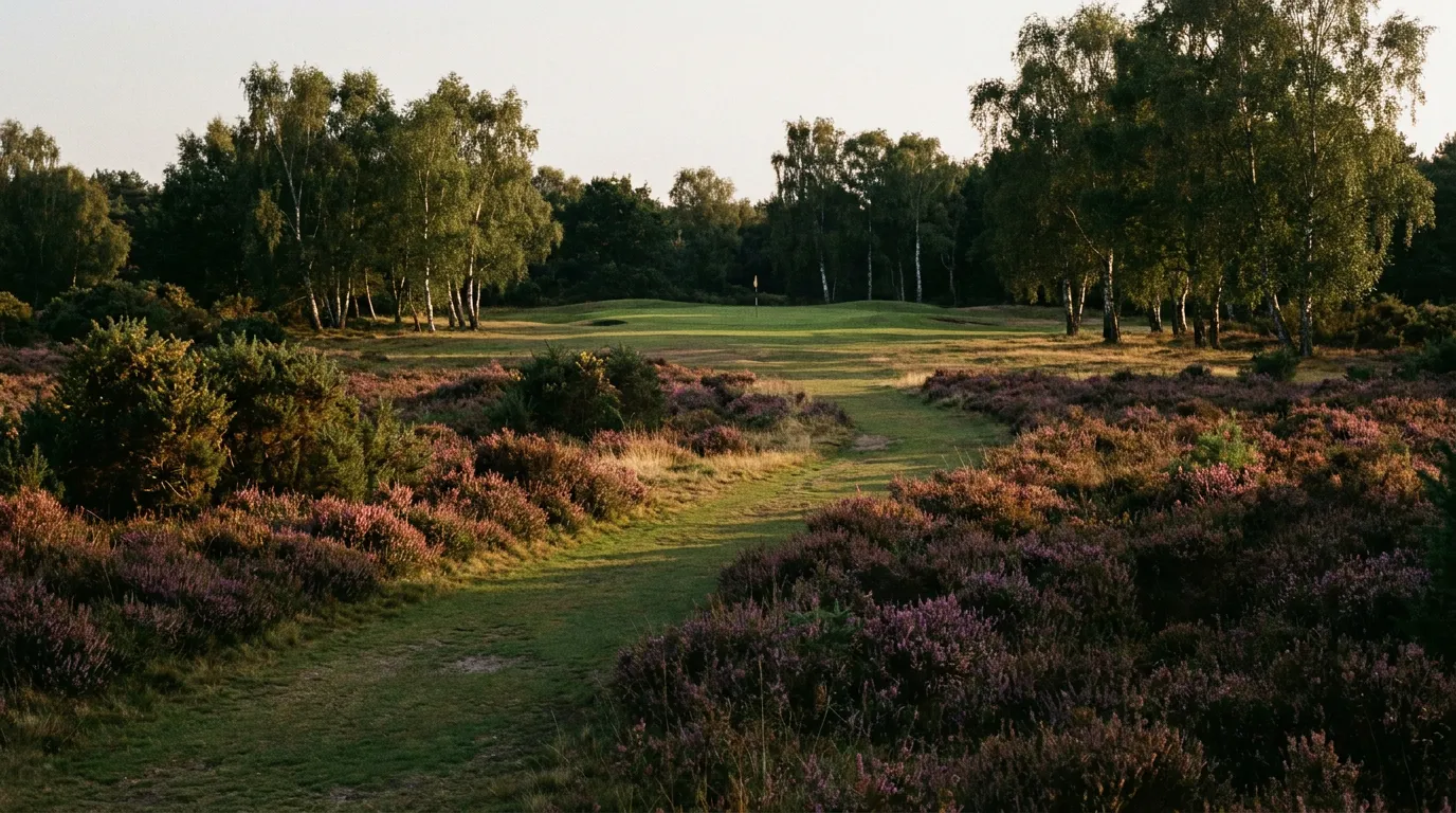 A heathland golf hole in late afternoon, purple heather and silver birch either side of a fairway running to a distant flag