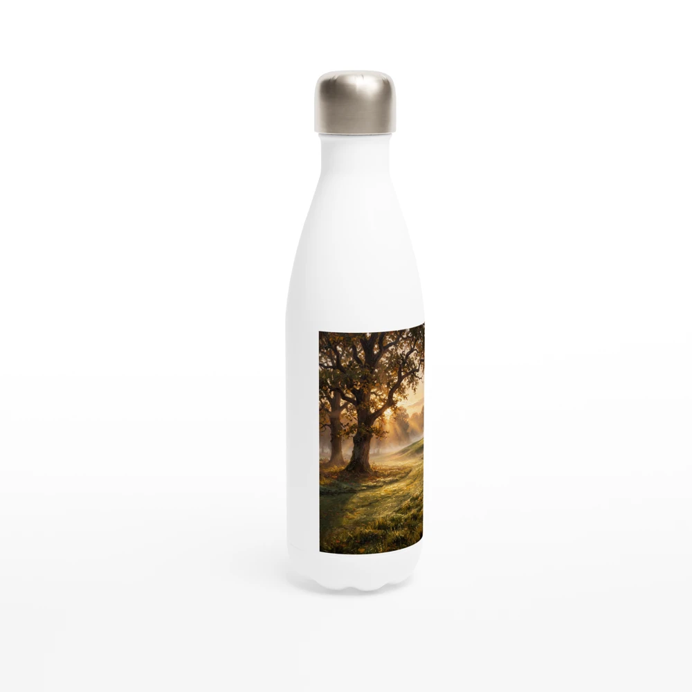 Gelato product render: The First Tee, morning light through old oaks across a golf course, printed on a panel on the front of a white stainless steel bottle