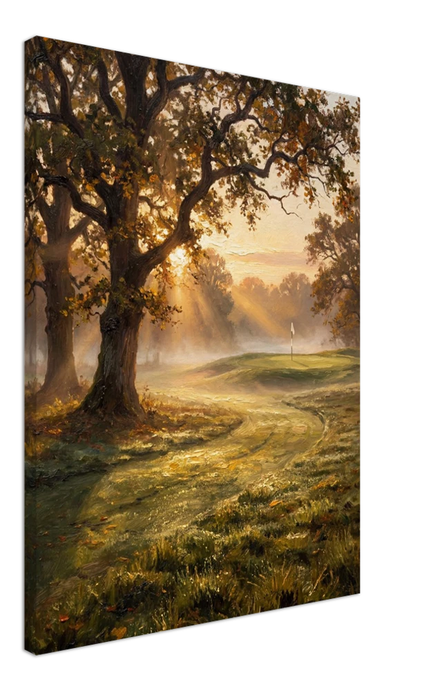 Gelato product render: The First Tee, morning light through old oaks across a golf course, on a stretched canvas, the picture continuing round the side edge