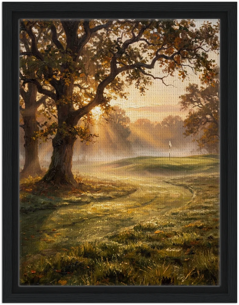 Gelato product render: The First Tee, morning light through old oaks across a golf course, on a canvas set inside a black frame