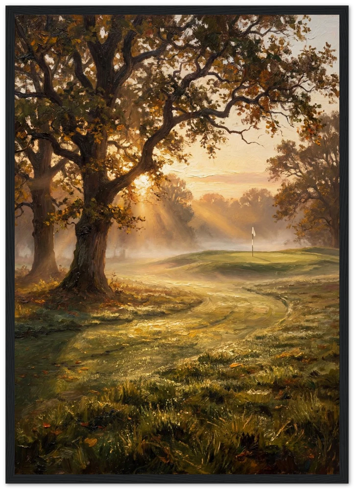 Gelato product render: The First Tee, morning light through old oaks across a golf course, printed and framed in a black frame