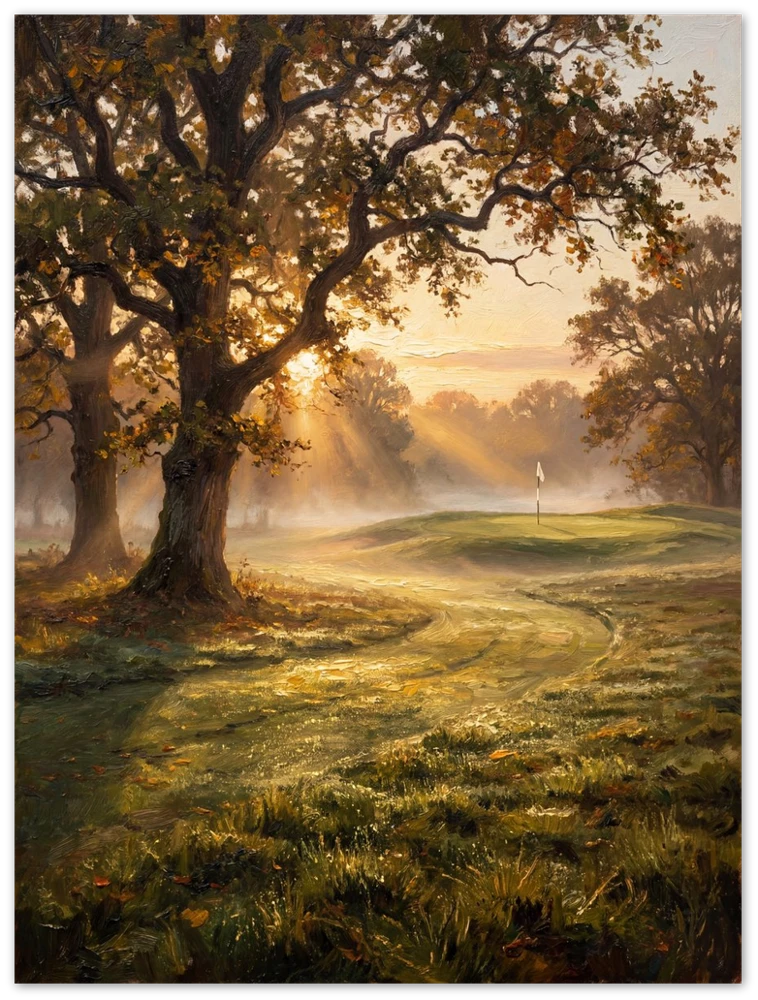 Gelato product render: The First Tee, morning light through old oaks across a golf course, printed edge to edge on a frameless metal panel