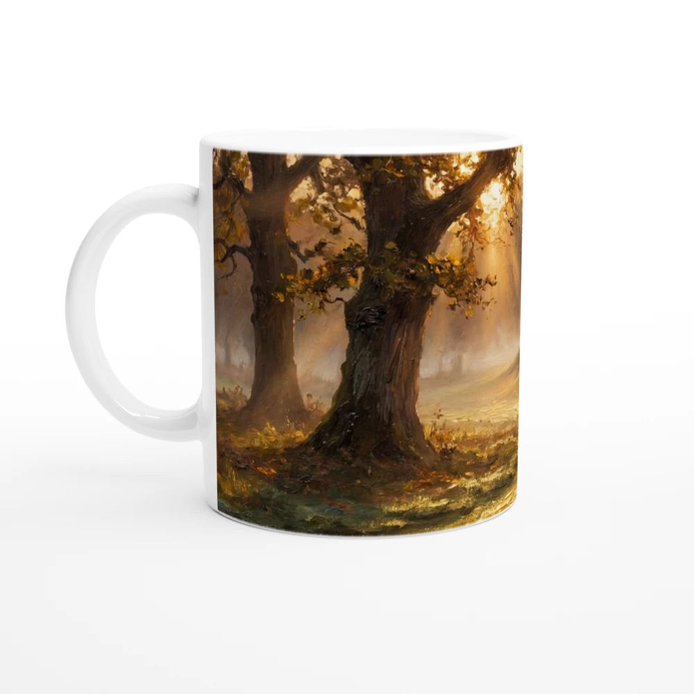 Gelato product render: The First Tee, morning light through old oaks across a golf course, printed round the body of a white ceramic mug