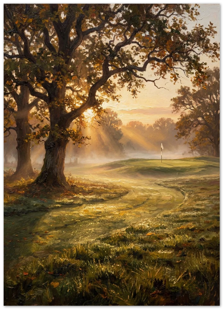 Gelato product render: The First Tee, morning light through old oaks across a golf course, on an unframed paper print
