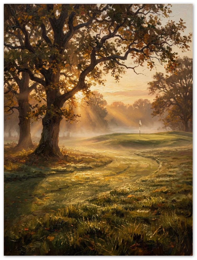 Gelato product render: The First Tee, morning light through old oaks across a golf course, printed on a frameless wood panel