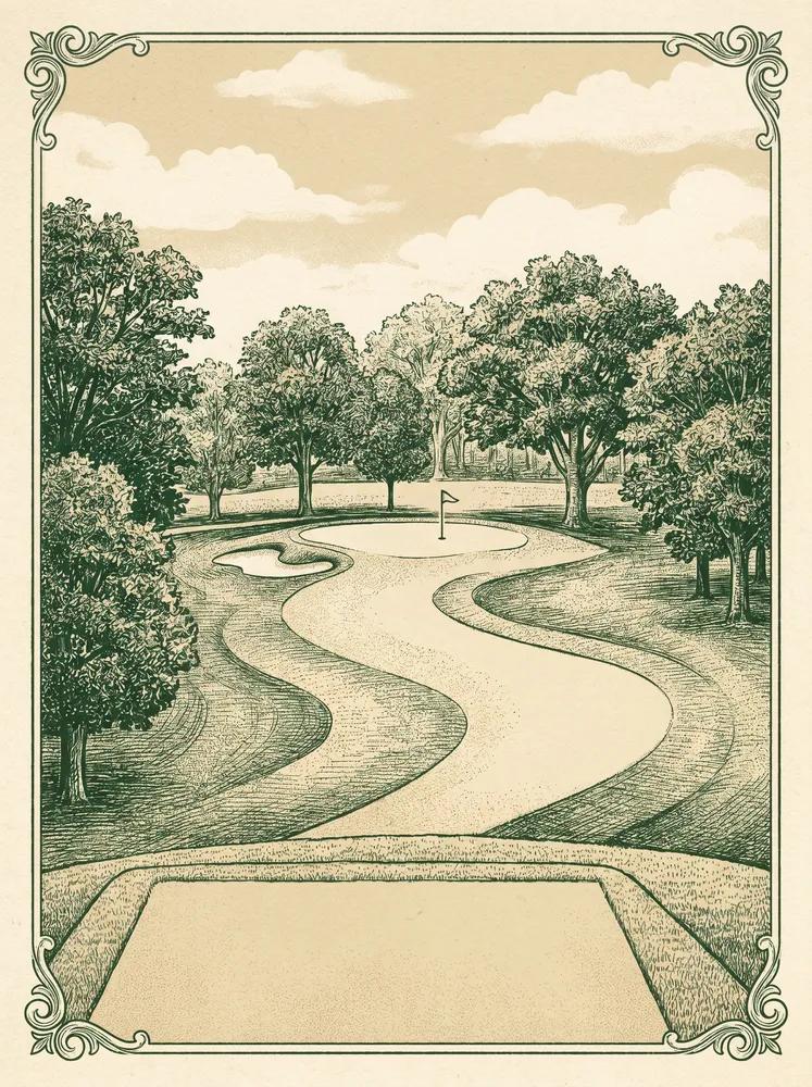 The same golf hole reimagined as an elegant vintage golf course poster illustration