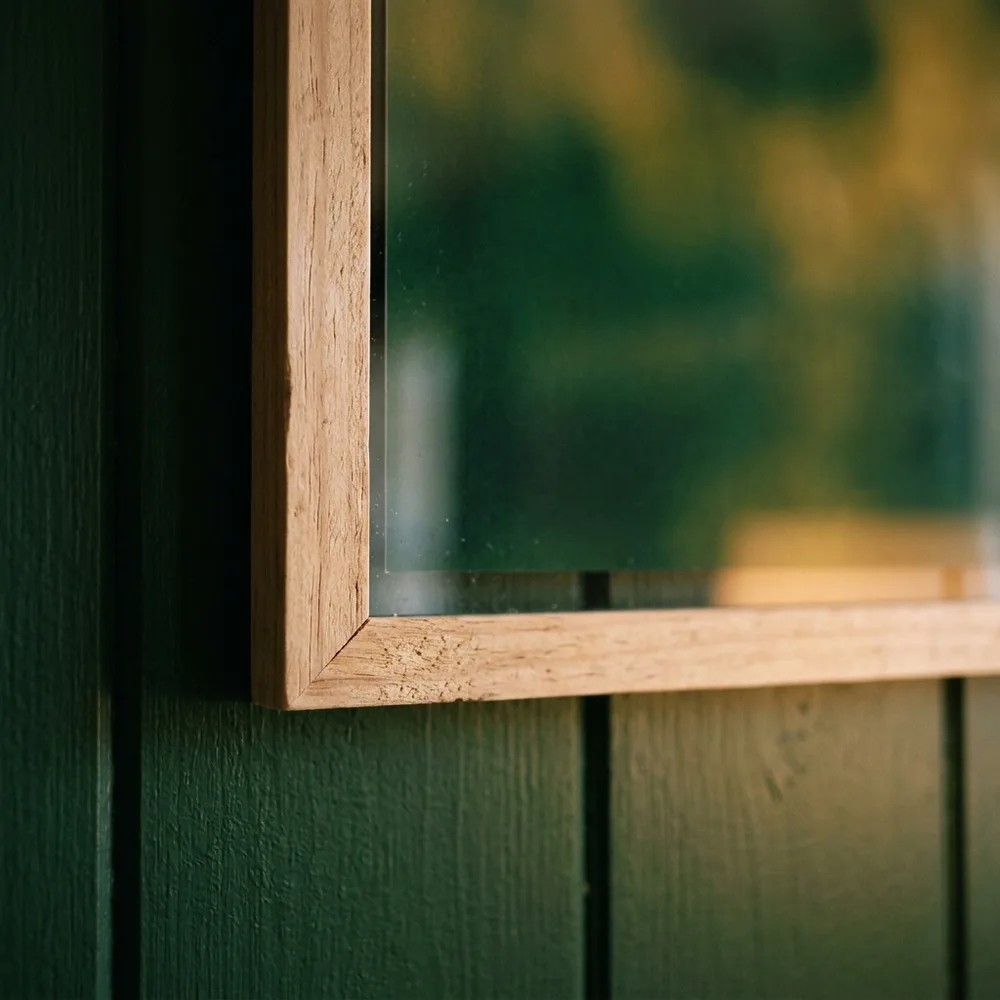 Corner of a natural wood frame with a plexiglass front