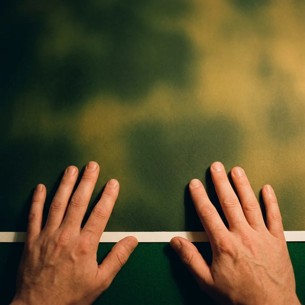 A pair of hands smoothing a print on a table