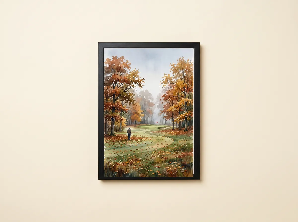 Autumn Parkland in a black frame, the full watercolour from grey sky down to fallen leaves.