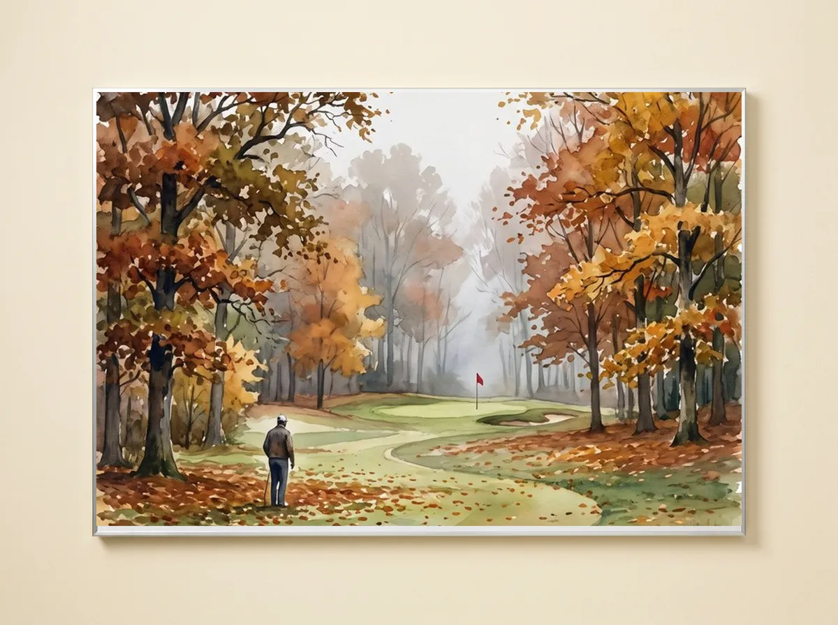 Autumn Parkland on a metal print: orange and gold trees, a misty background and a red flag on the green.