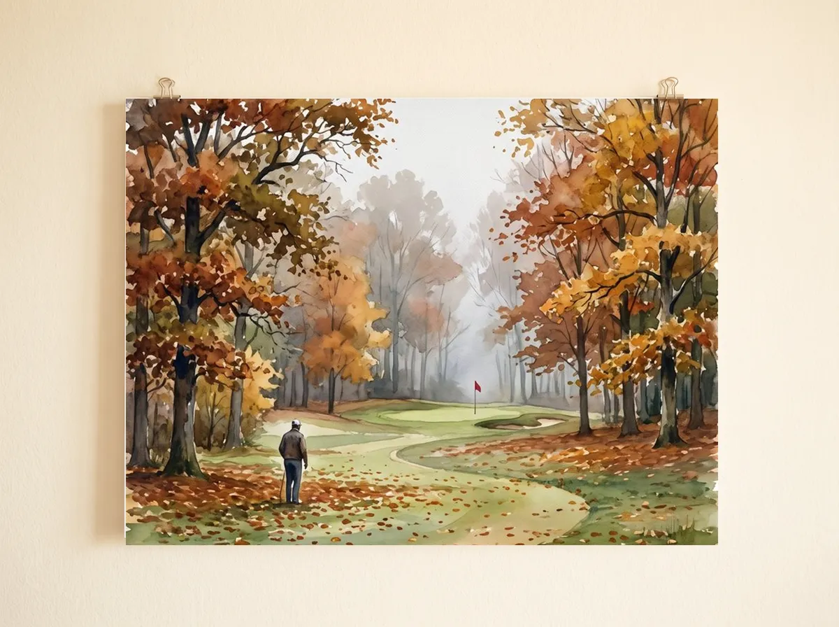 Autumn Parkland as a poster, cropped wide to a lone figure on a leaf-strewn fairway between russet trees.