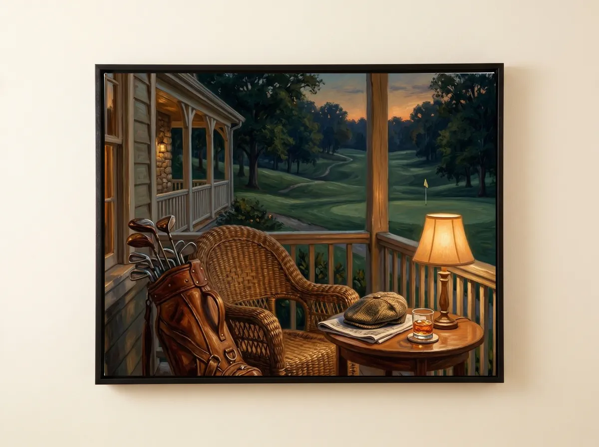 Clubhouse Evening on a black framed canvas: a flat cap and a glass on a small table beside a glowing lamp.