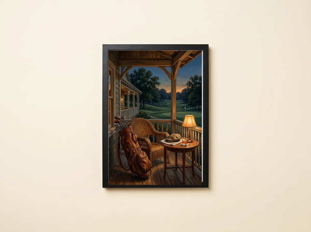 Clubhouse Evening in a black frame, the whole veranda from the timber roof down to the wooden boards.
