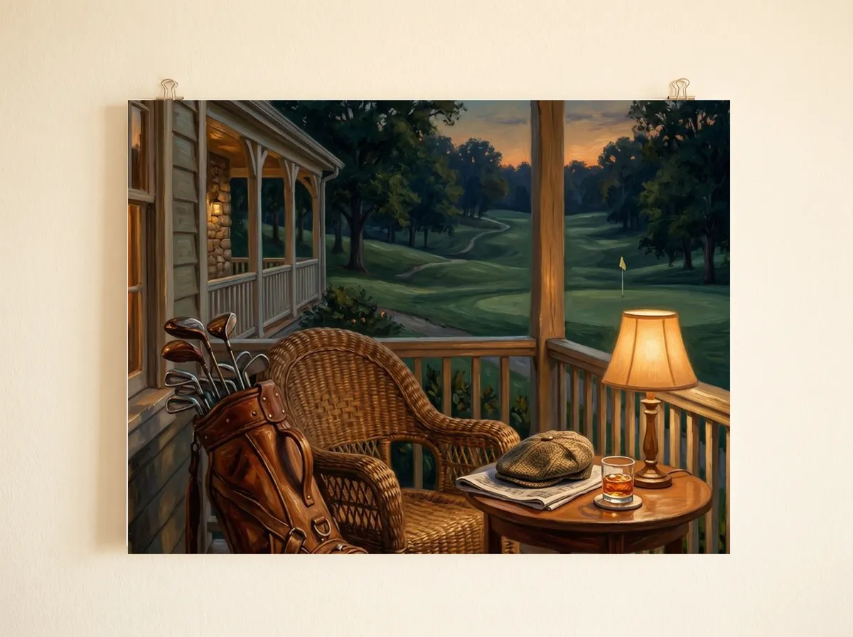 Clubhouse Evening as a poster, cropped wide to the leather golf bag, wicker chair, lamp and the course at dusk.
