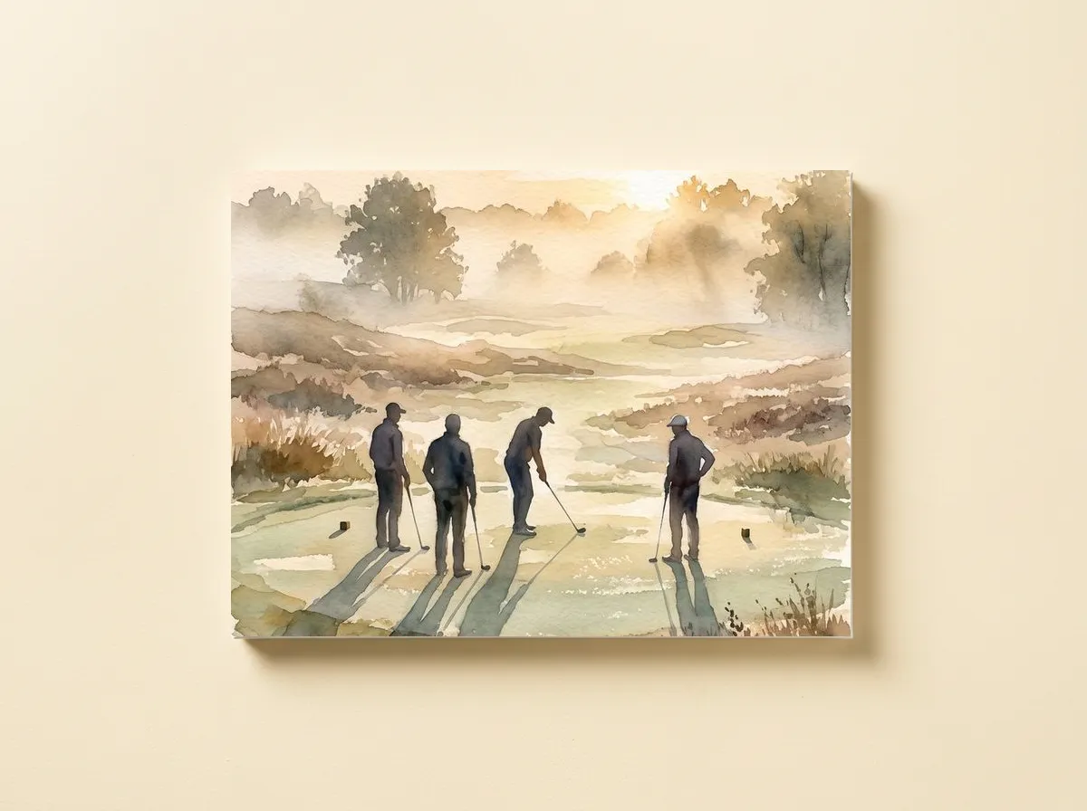 Dawn Fourball on a canvas, the four figures in front of misty trees and heather in soft watercolour.