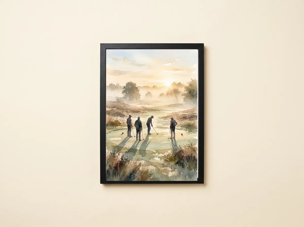 Dawn Fourball in a black frame: four golfers in dark silhouette on a misty heath under a pale gold sky.