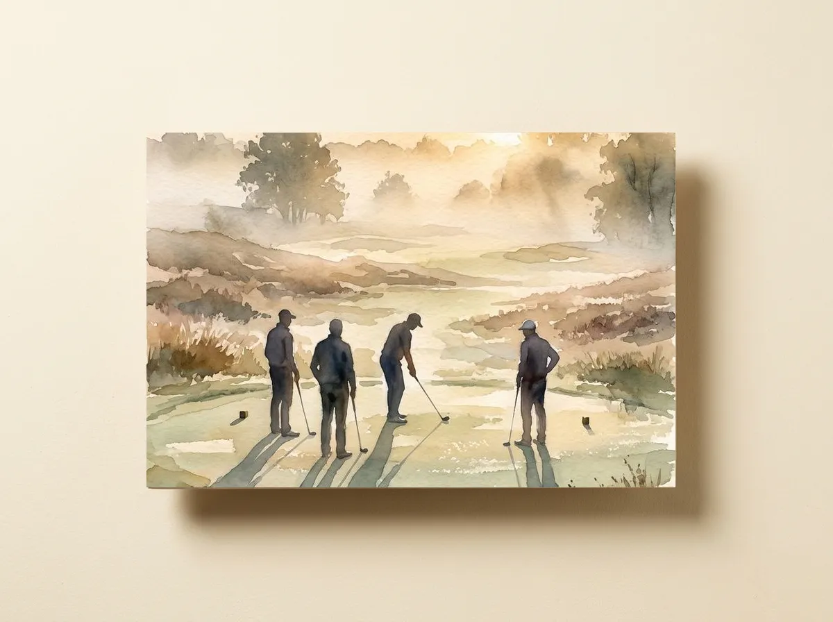 Dawn Fourball on a wood print, cropped wide to the four players and their long shadows on the tee.