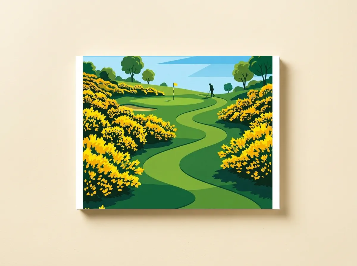Gorse in Bloom on a canvas, the snaking fairway and yellow gorse in flat poster colours.